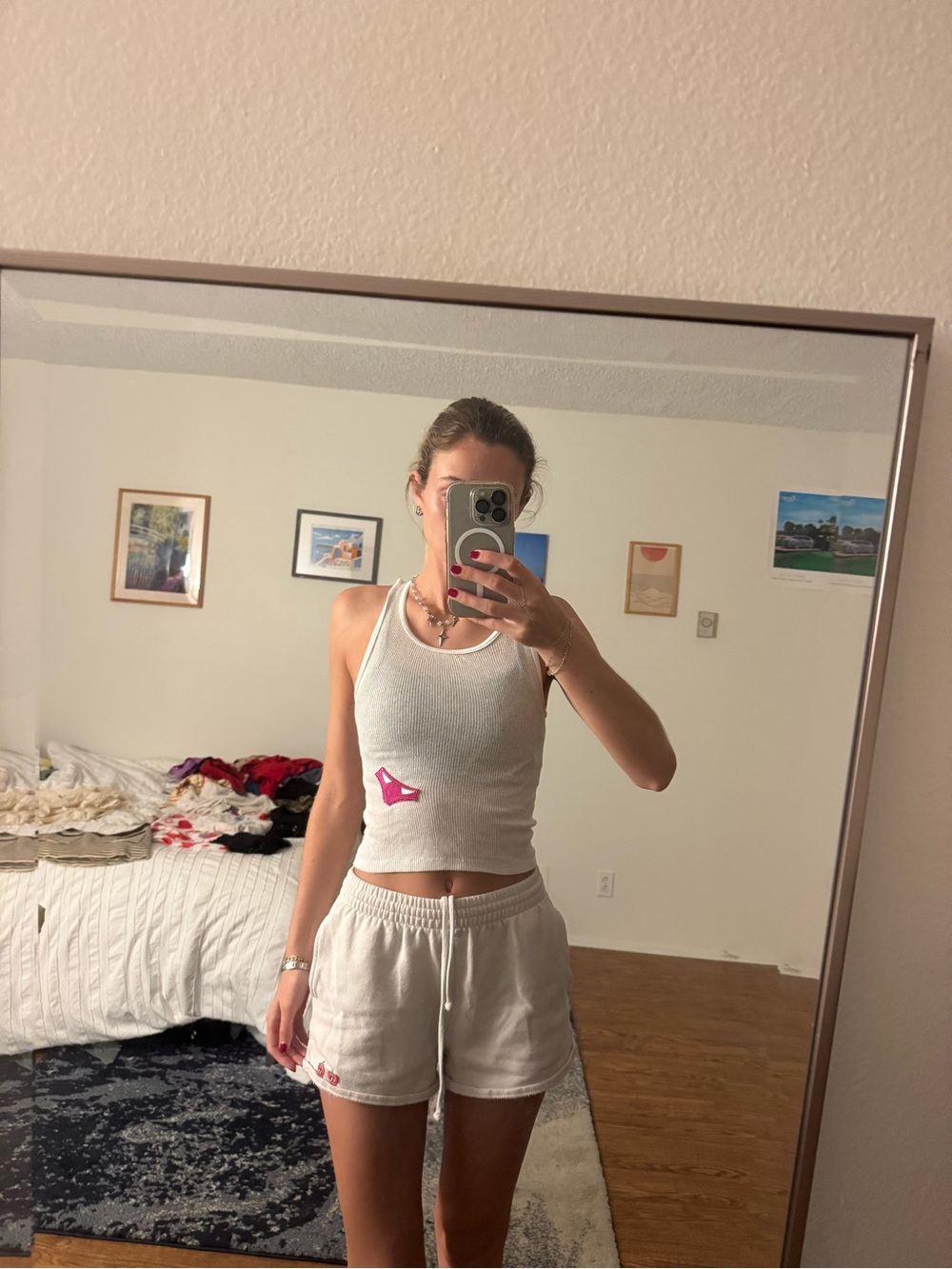 Hanes White Ribbed Tank Top with Pink Patch - Women
